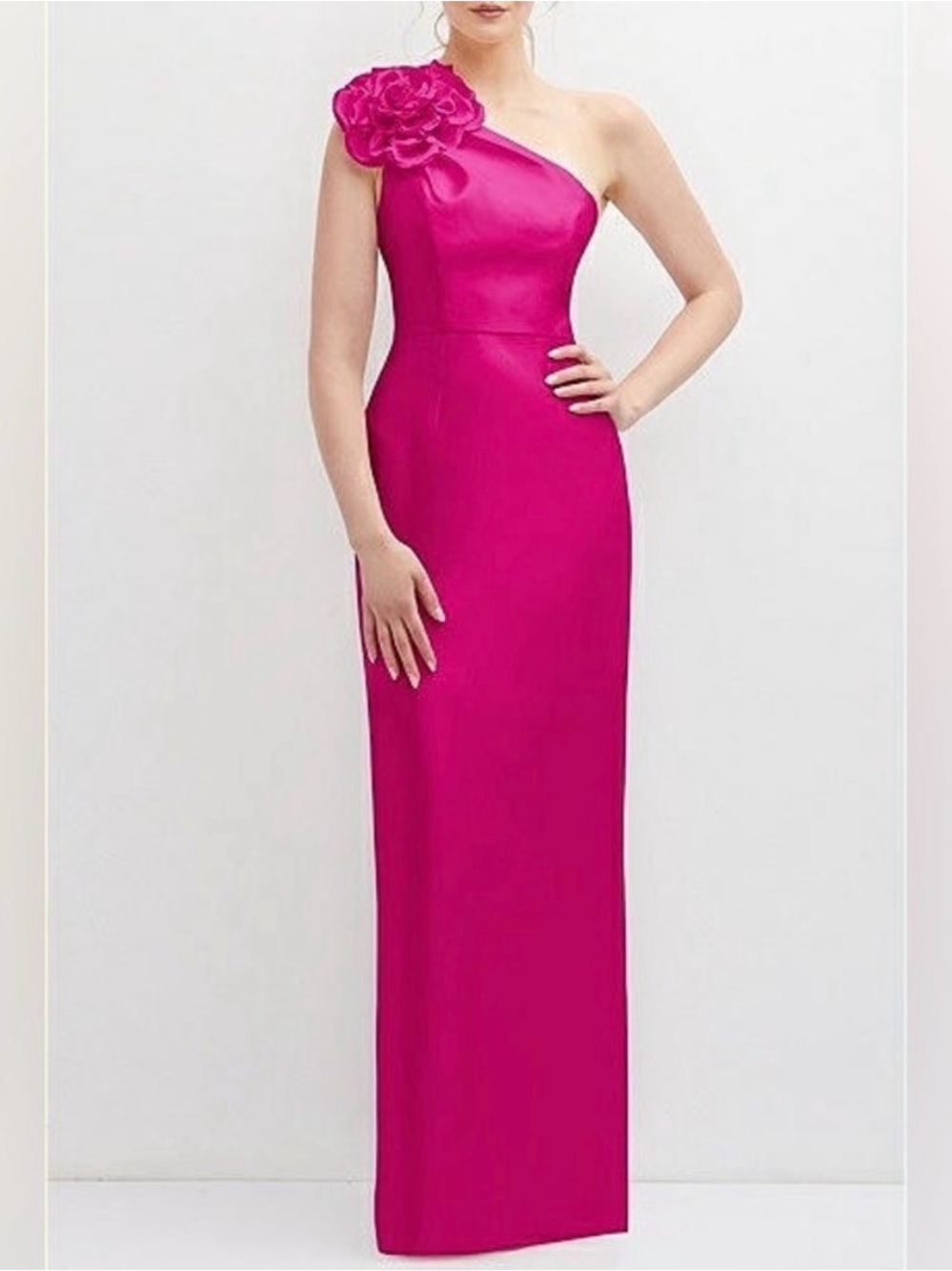 ALFRED SUNG One-Shoulder Hot Pink Column Gown with Shoulder Rosette